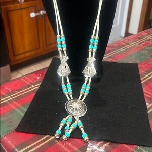 Turquoise and Silver Beaded Leather Necklace